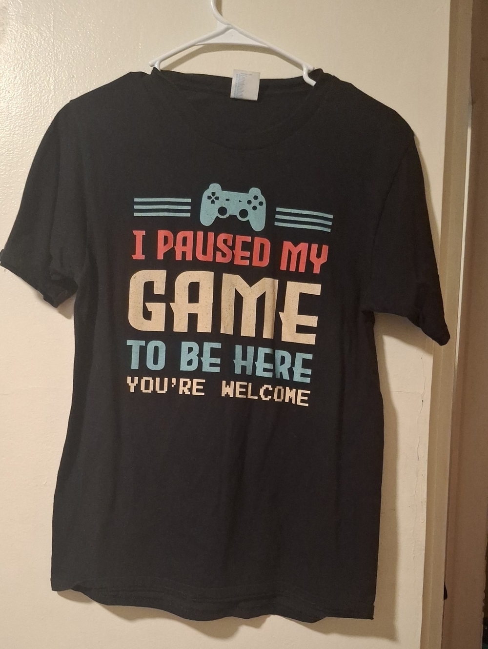 Port and Company Black Gamer Graphic Tee with Red, Cream, and Blue Print